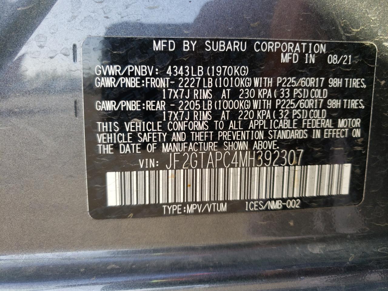 Photo 20 from auction – 2021 SUBARU CROSSTREK with VIN JF2GTAPC4MH392307