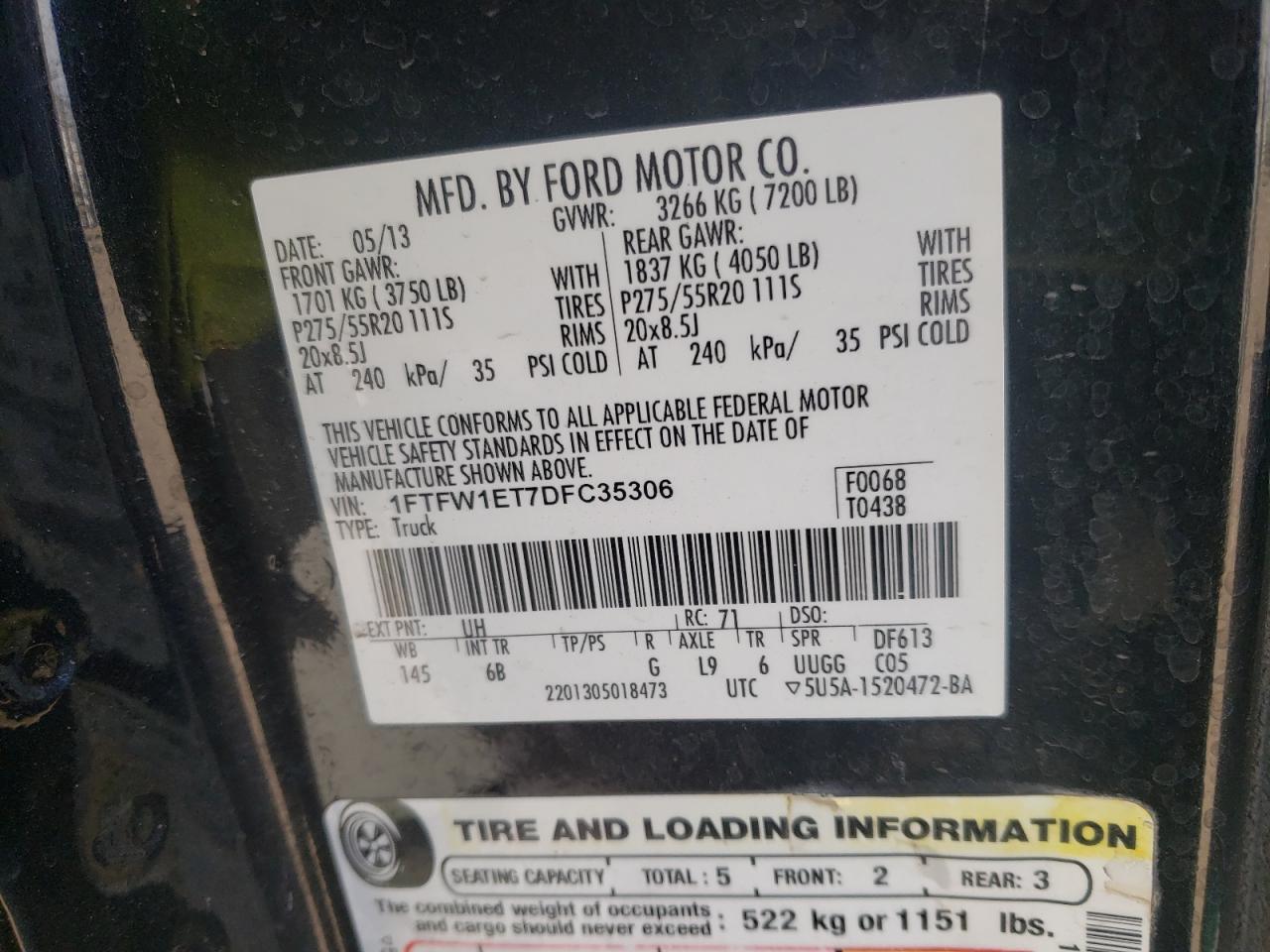 Photo 10 from auction – 2013 FORD F150 SUPER with VIN 1FTFW1ET7DFC35306