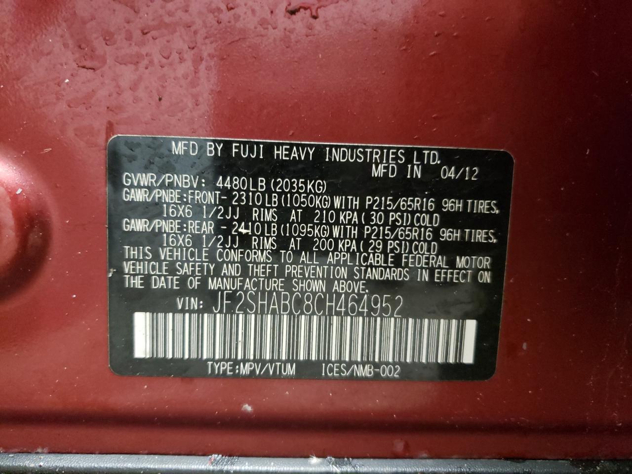 Photo 10 from auction – 2012 SUBARU FORESTER 2 with VIN JF2SHABC8CH464952