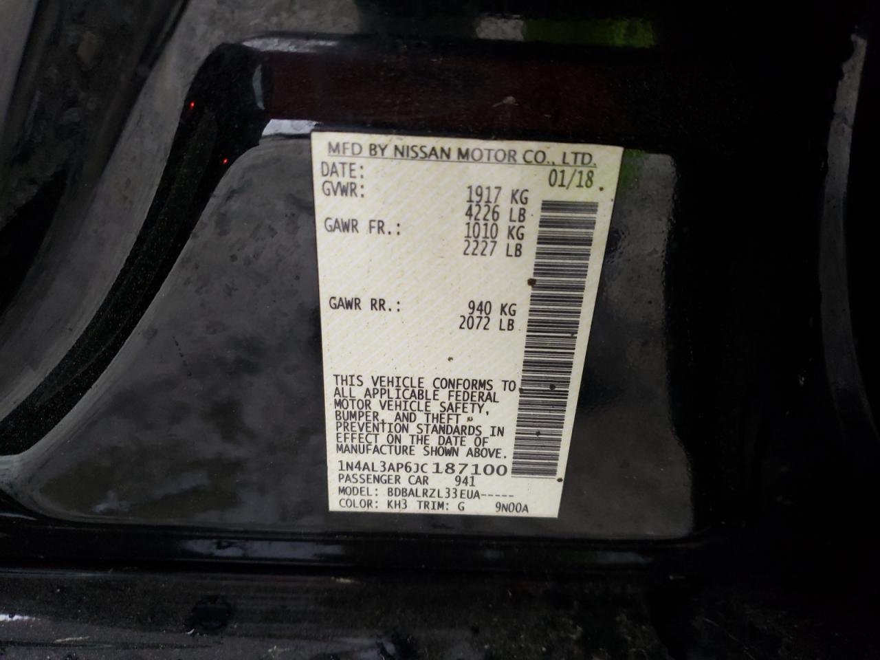 Photo 10 from auction – 2018 NISSAN ALTIMA 2.5 with VIN 1N4AL3AP6JC187100