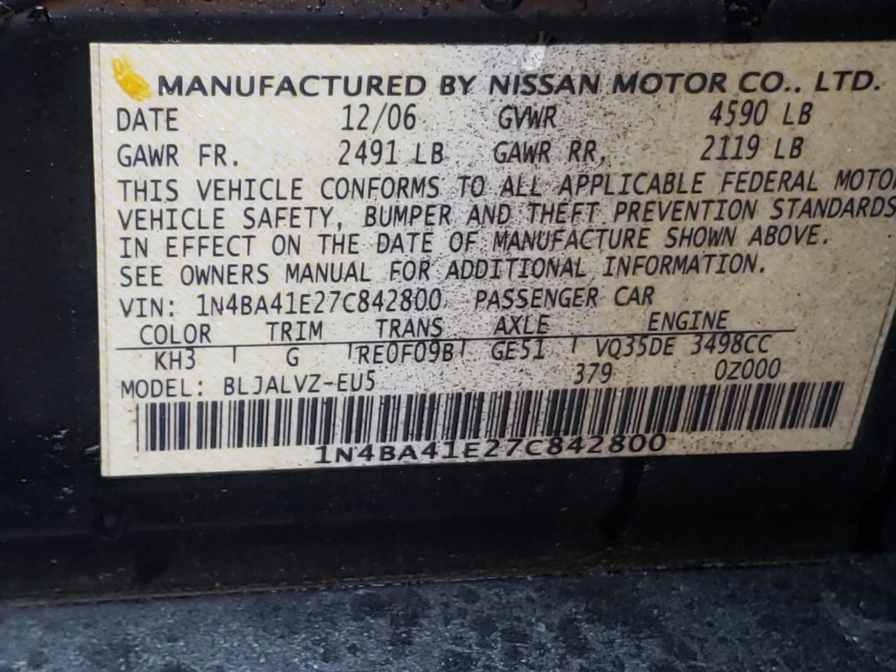 Photo 10 from auction – 2007 NISSAN MAXIMA SE with VIN 1N4BA41E27C842800