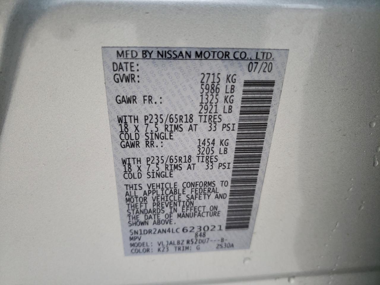 Photo 10 from auction – 2020 NISSAN PATHFINDER with VIN 5N1DR2AN4LC623021
