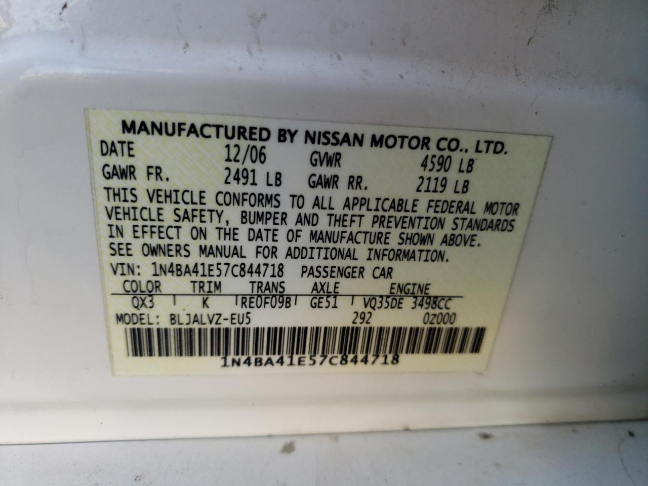 Photo 10 from auction – 2007 NISSAN MAXIMA SE with VIN 1N4BA41E57C844718