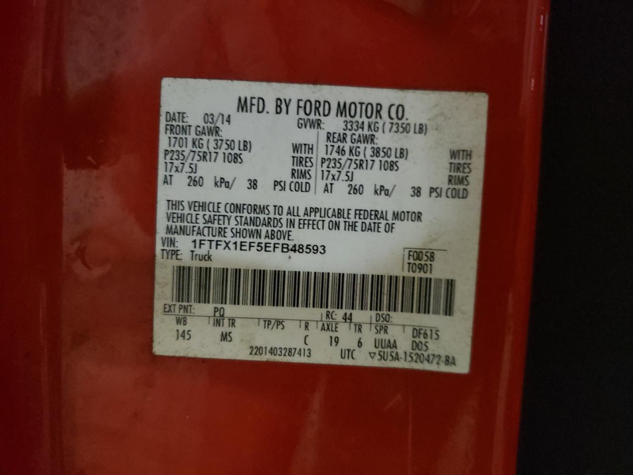 Photo 10 from auction – 2014 FORD F150 SUPER with VIN 1FTFX1EF5EFB48593
