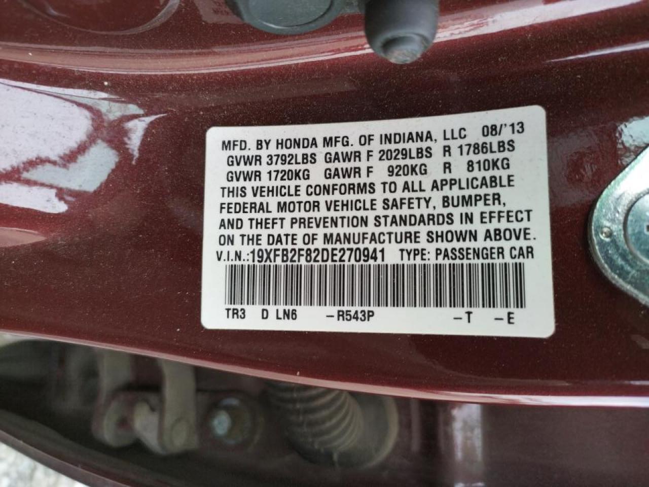 Photo 10 from auction – 2013 HONDA CIVIC EX with VIN 19XFB2F82DE270941