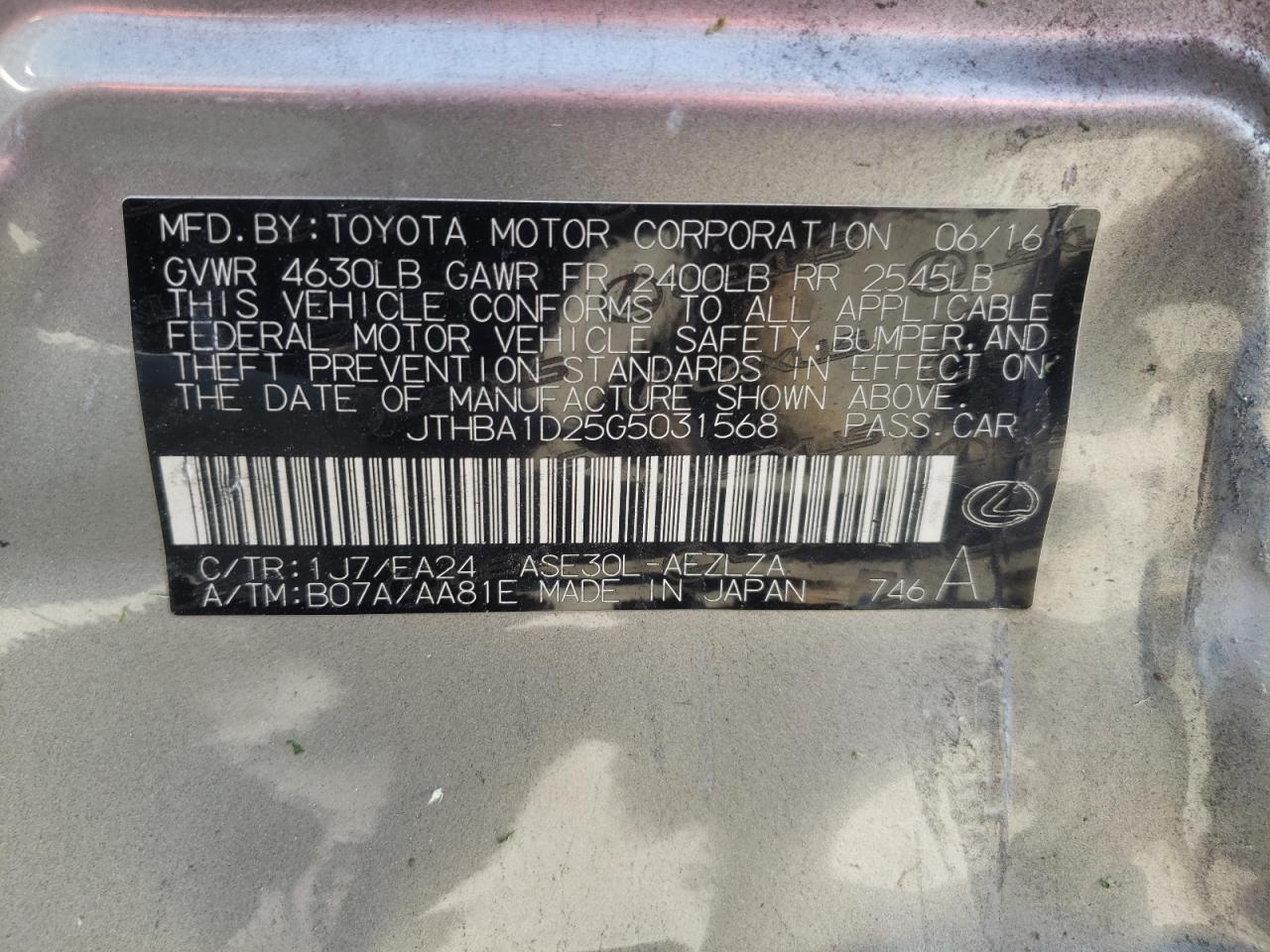 Photo 10 from auction – 2016 LEXUS IS 200T with VIN JTHBA1D25G5031568