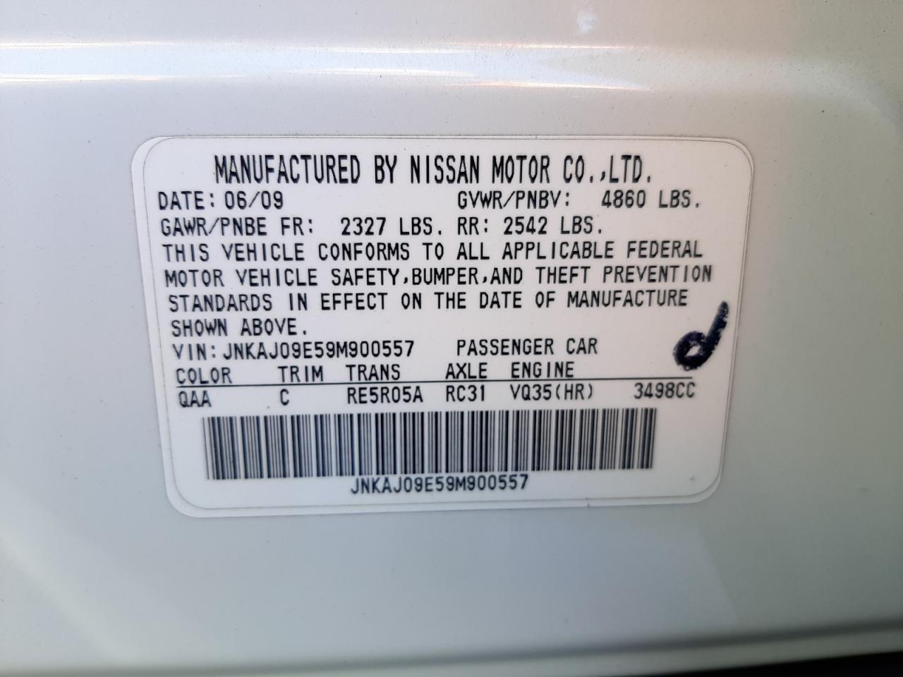 Photo 10 from auction – 2009 INFINITI EX35 BASE with VIN JNKAJ09E59M900557