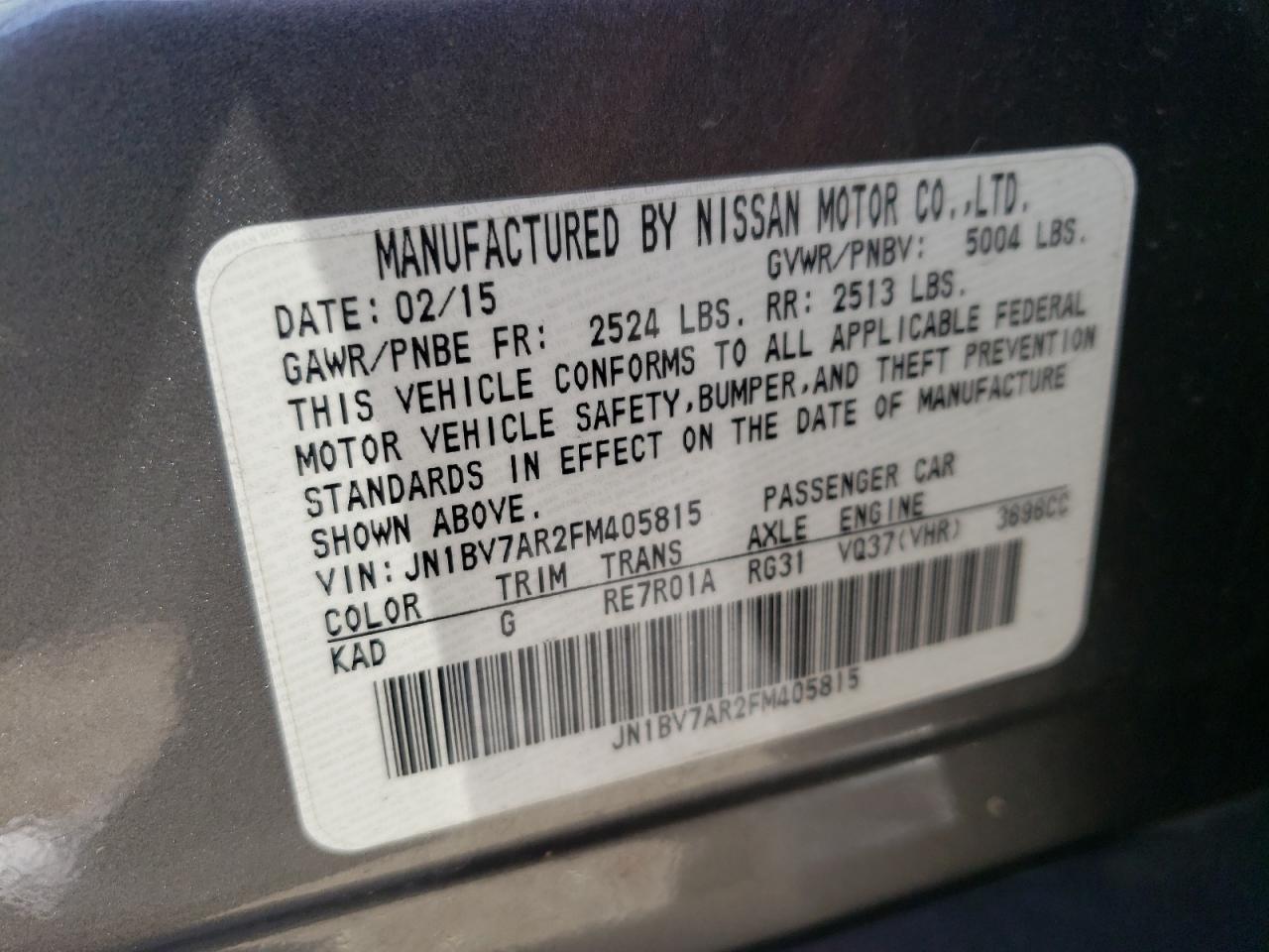 Photo 10 from auction – 2015 INFINITI Q50 BASE with VIN JN1BV7AR2FM405815