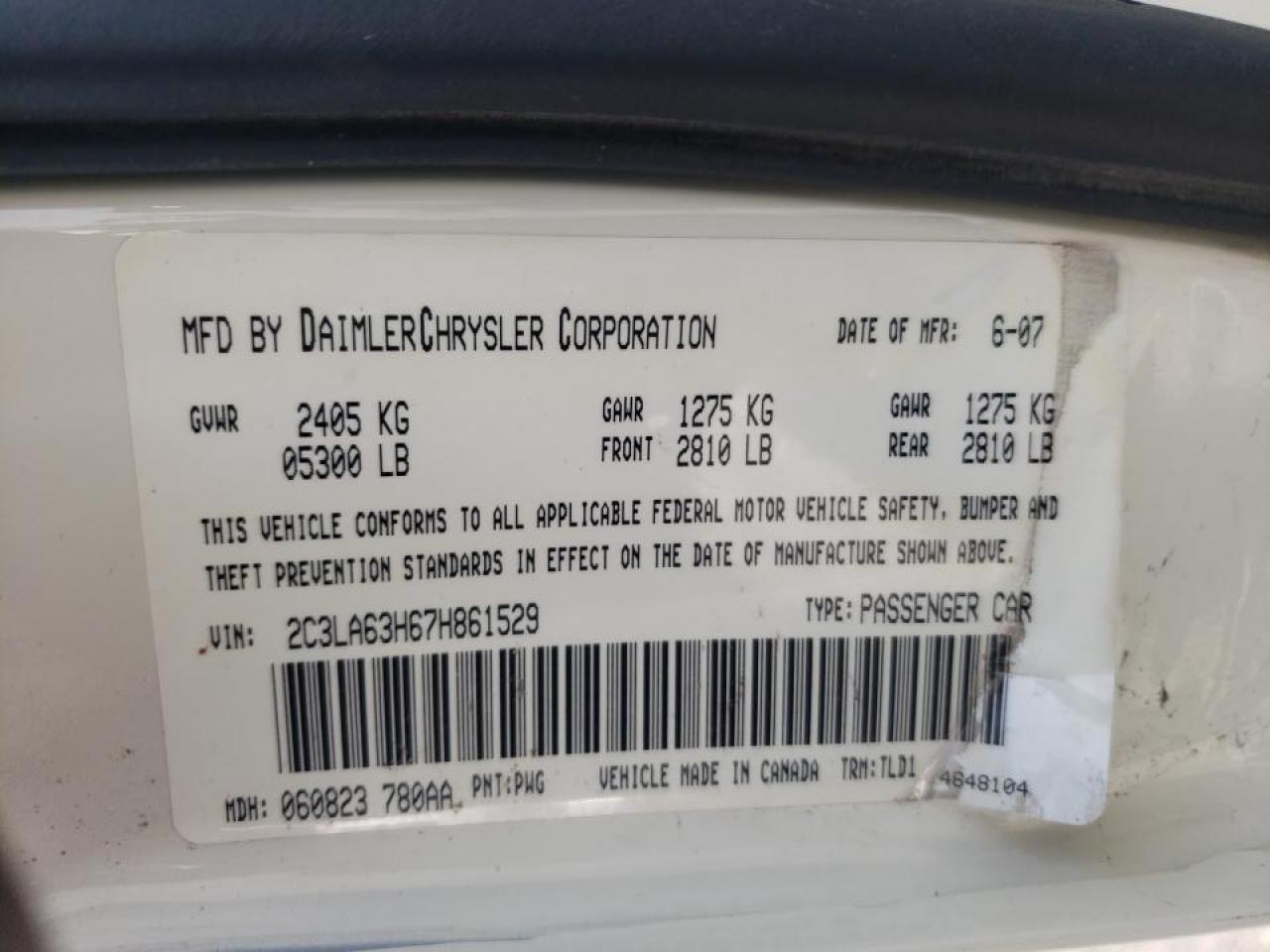 Photo 10 from auction – 2007 CHRYSLER 300C with VIN 2C3LA63H67H861529
