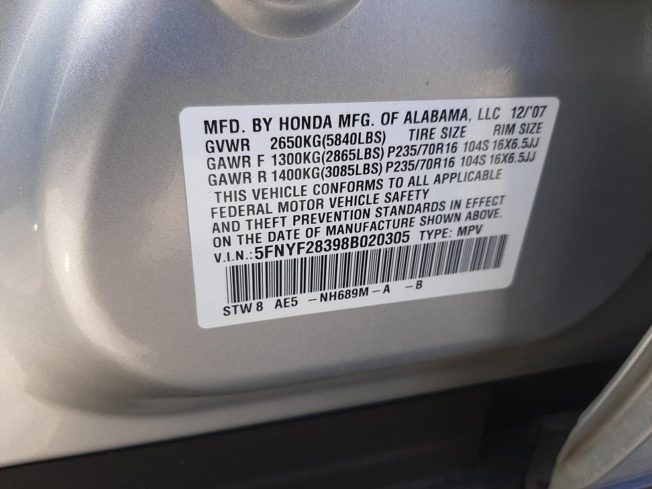 Photo 10 from auction – 2008 HONDA PILOT SE with VIN 5FNYF28398B020305