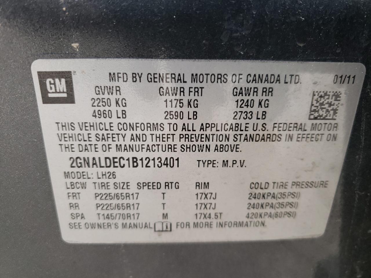 Photo 10 from auction – 2011 CHEVROLET EQUINOX LT with VIN 2GNALDEC1B1213401