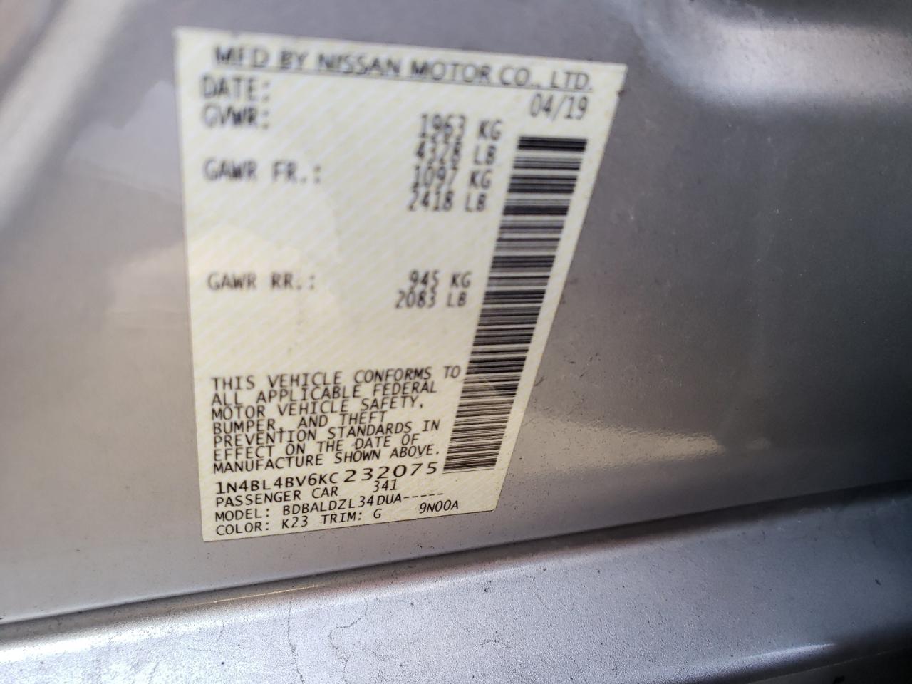 Photo 10 from auction – 2019 NISSAN ALTIMA S with VIN 1N4BL4BV6KC232075