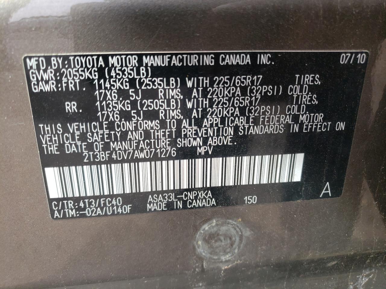 Photo 10 from auction – 2010 TOYOTA RAV4 with VIN 2T3BF4DV7AW071276