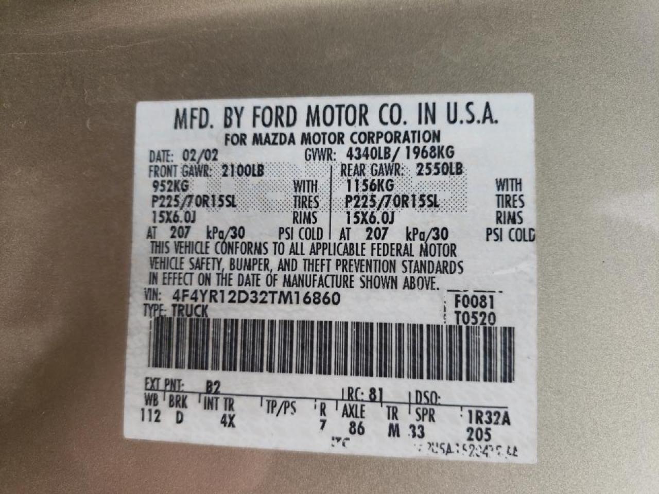 Photo 10 from auction – 2002 MAZDA B2300 with VIN 4F4YR12D32TM16860