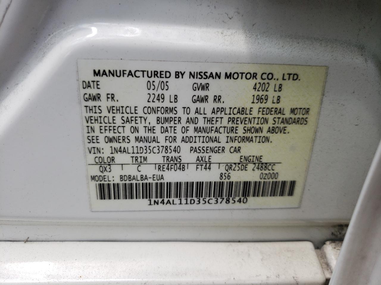 Photo 10 from auction – 2005 NISSAN ALTIMA S with VIN 1N4AL11D35C378540