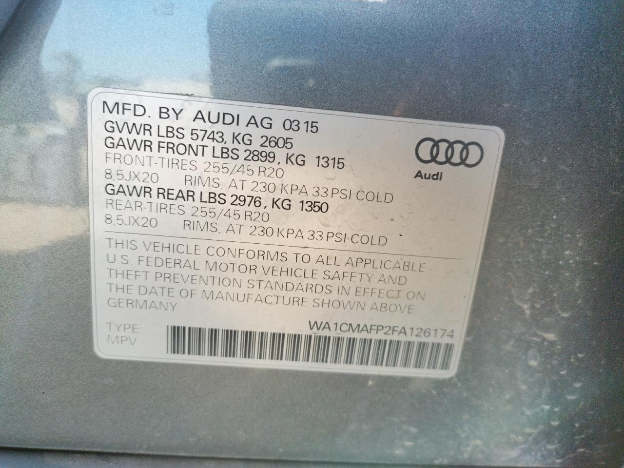 Photo 10 from auction – 2015 AUDI Q5 TDI PRE with VIN WA1CMAFP2FA126174