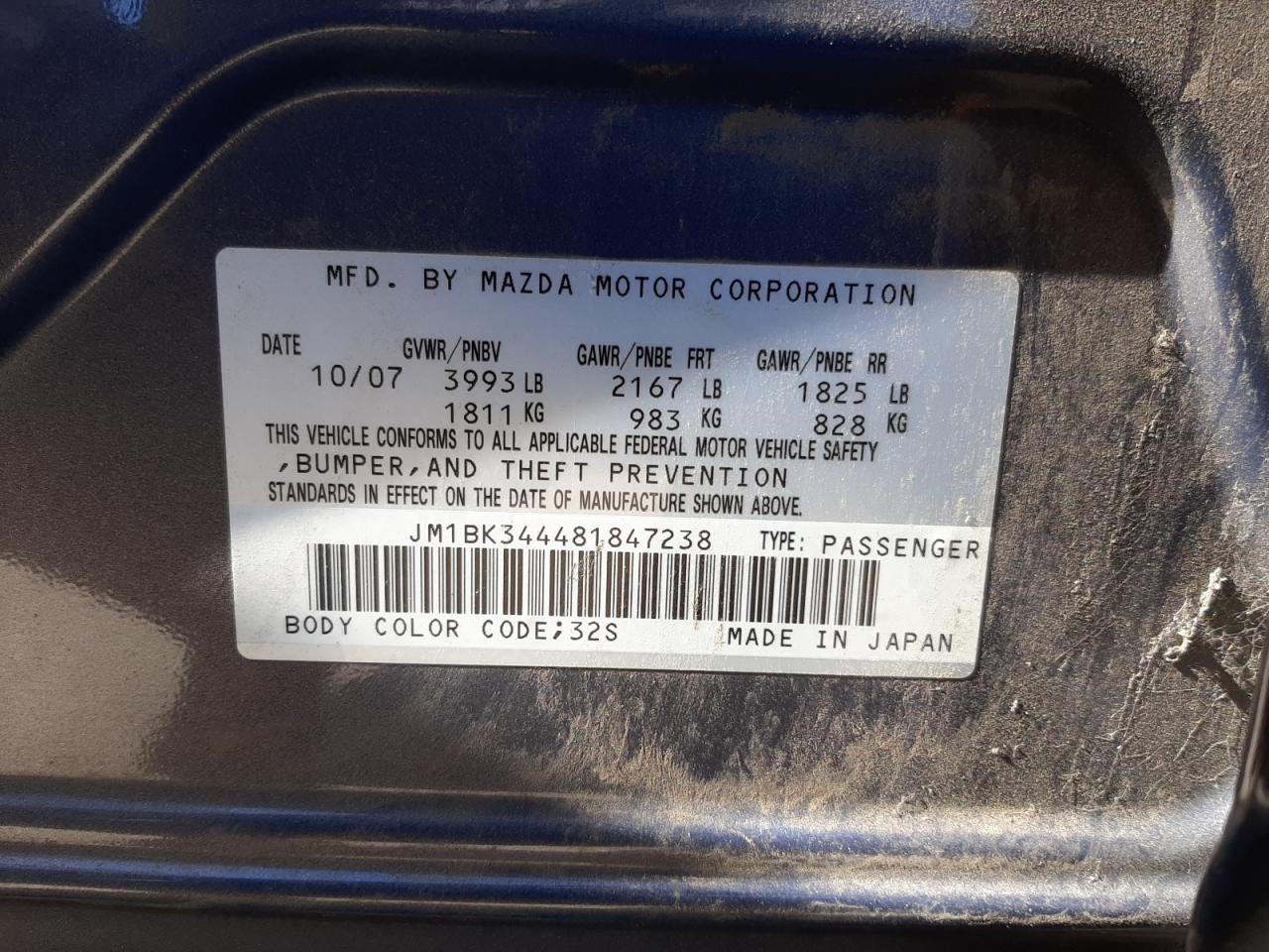 Photo 10 from auction – 2008 MAZDA 3 HATCHBAC with VIN JM1BK344481847238