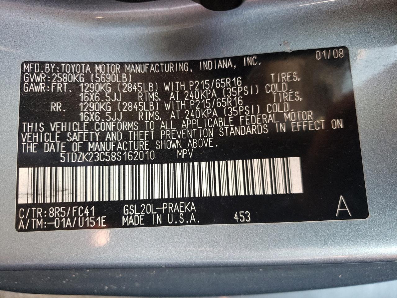 Photo 10 from auction – 2008 TOYOTA SIENNA CE with VIN 5TDZK23C58S162010
