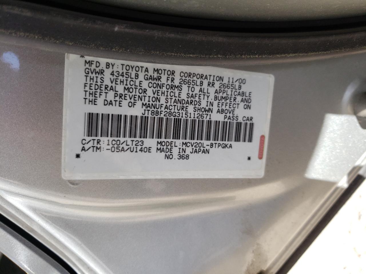 Photo 10 from auction – 2001 LEXUS ES 300 with VIN JT8BF28G315112671