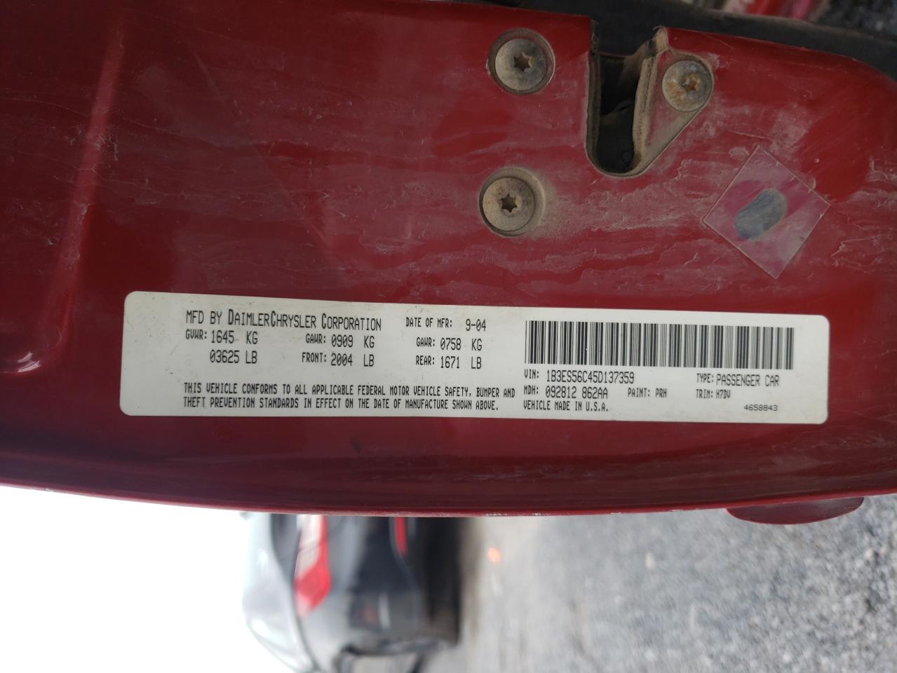 Photo 10 from auction – 2005 DODGE NEON SXT with VIN 1B3ES56C45D137359
