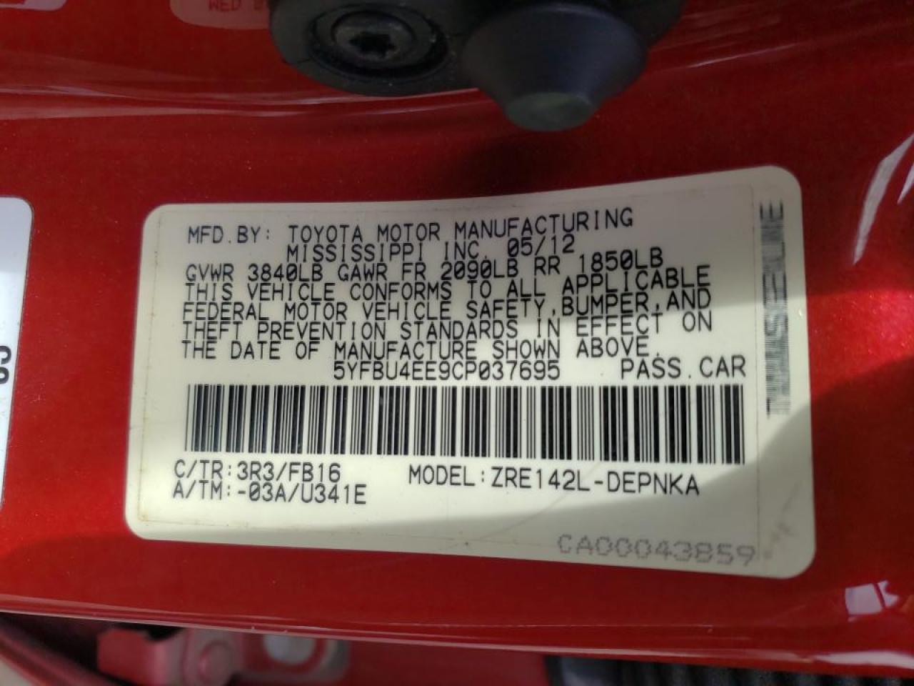 Photo 10 from auction – 2012 TOYOTA COROLLA BA with VIN 5YFBU4EE9CP037695