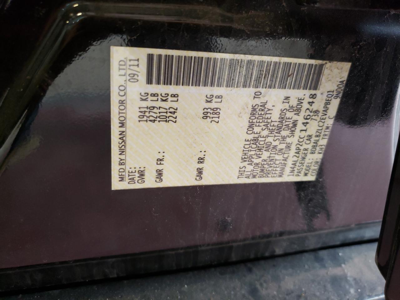 Photo 10 from auction – 2012 NISSAN ALTIMA with VIN 1N4AL2AP2CC146248