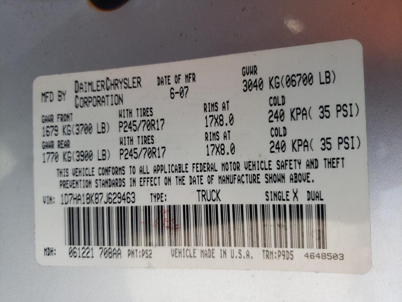 Photo 10 from auction – 2007 DODGE RAM 1500 S with VIN 1D7HA18K87J629463