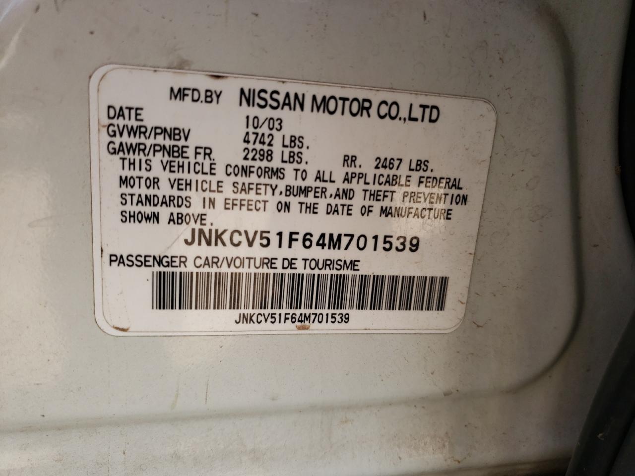 Photo 10 from auction – 2004 INFINITI G35 with VIN JNKCV51F64M701539