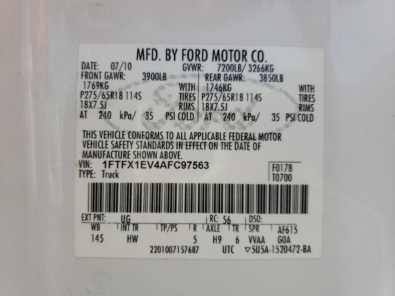 صورة رقم 10 من المزاد - 2010 FORD F150 SUPER مع VIN 1FTFX1EV4AFC97563
