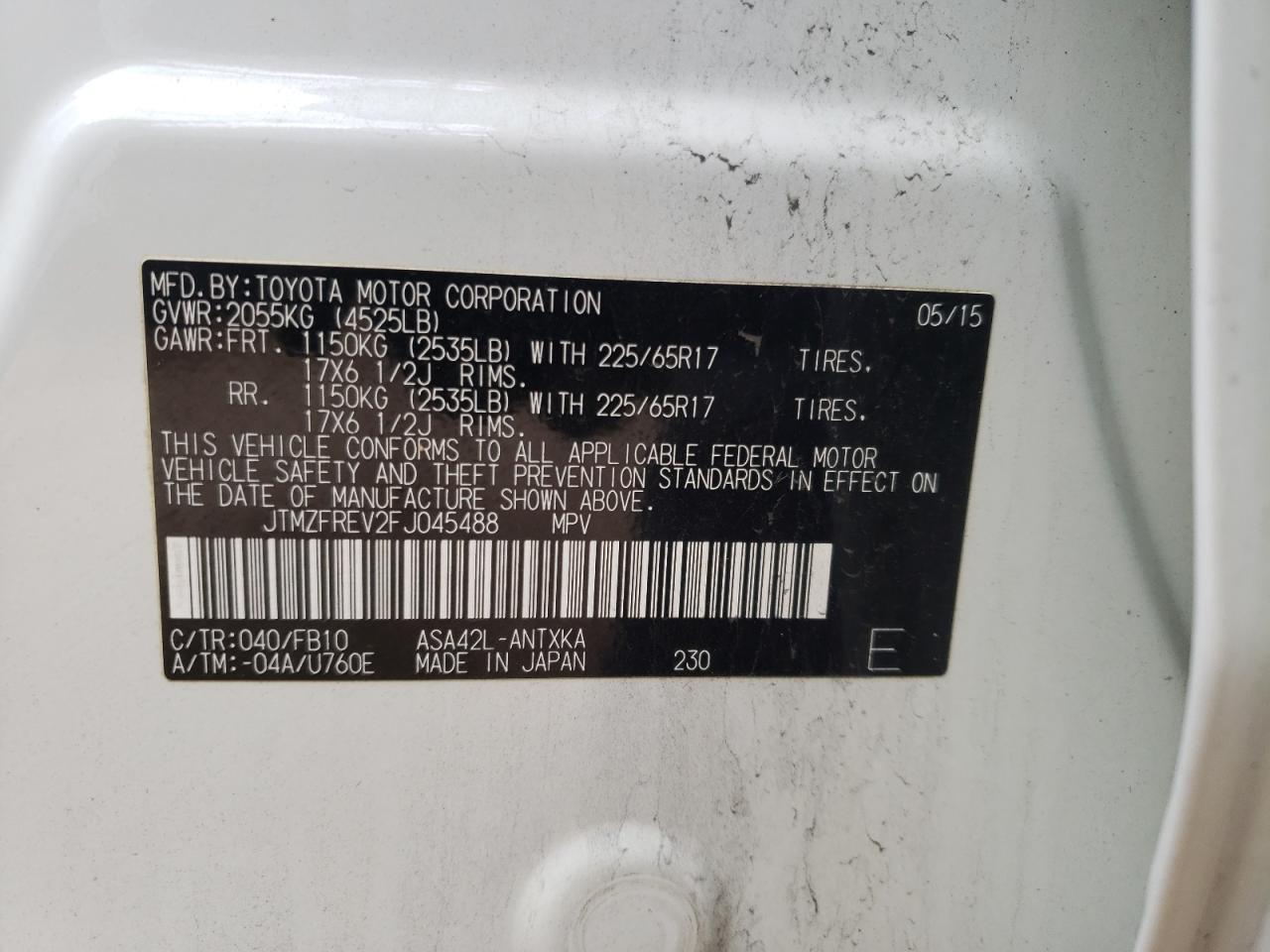 Photo 10 from auction – 2015 TOYOTA RAV4 LE with VIN JTMZFREV2FJ045488