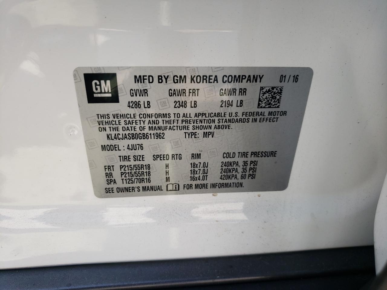 Photo 10 from auction – 2016 BUICK ENCORE with VIN KL4CJASB0GB611962