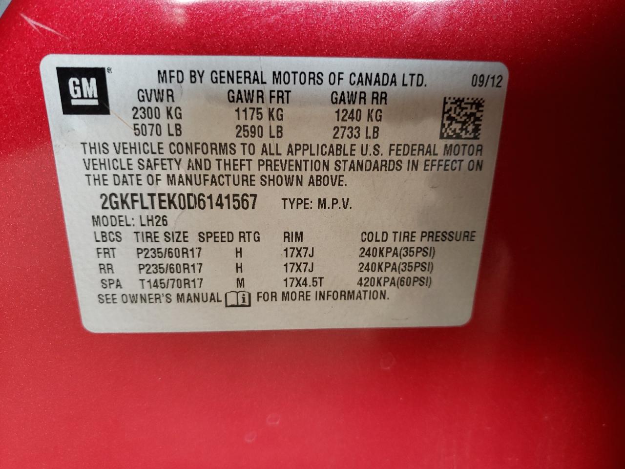 Photo 10 from auction – 2013 GMC TERRAIN SL with VIN 2GKFLTEK0D6141567