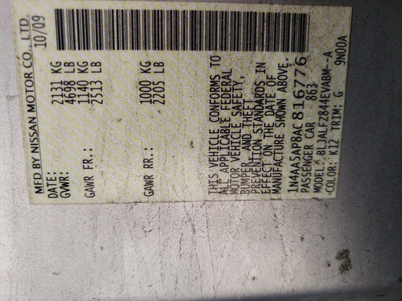 Photo 10 from auction – 2010 NISSAN MAXIMA S with VIN 1N4AA5AP8AC816776