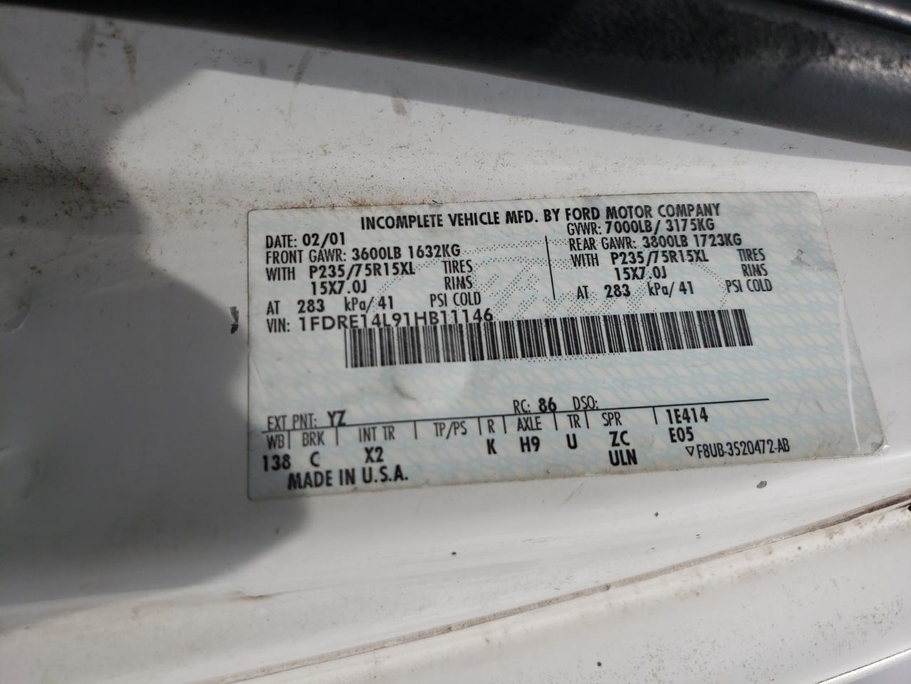 Photo 10 from auction – 2001 FORD ECONOLINE with VIN 1FDRE14L91HB11146