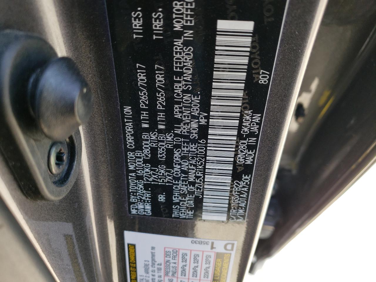 Photo 10 from auction – 2019 TOYOTA 4RUNNER SR with VIN JTEZU5JR1K5210016