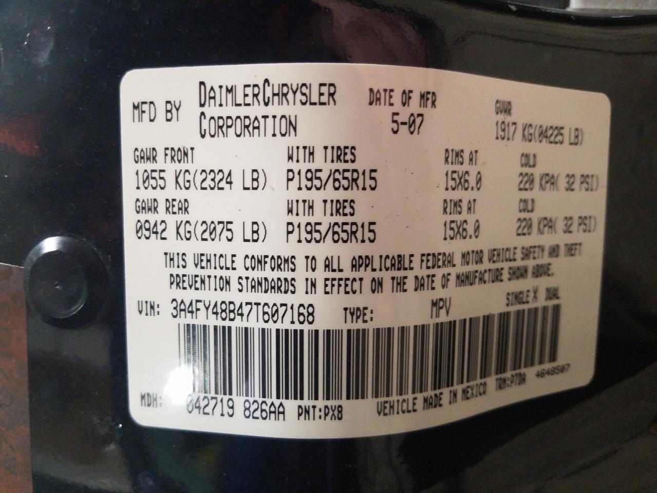 Photo 10 from auction – 2007 CHRYSLER PT CRUISER with VIN 3A4FY48B47T607168