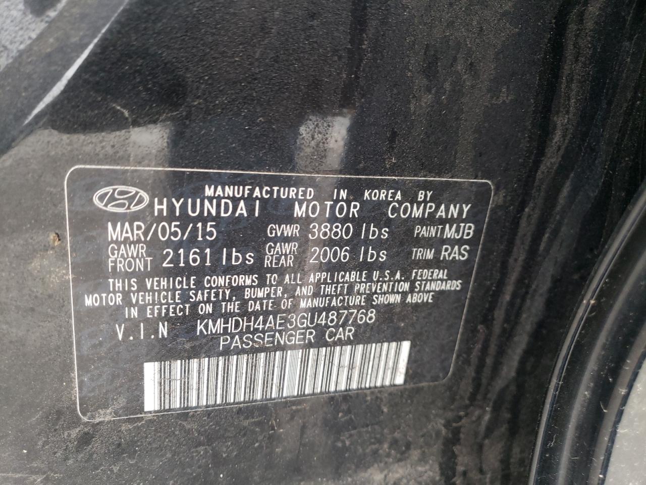 Photo 10 from auction – 2016 HYUNDAI ELANTRA SE with VIN KMHDH4AE3GU487768