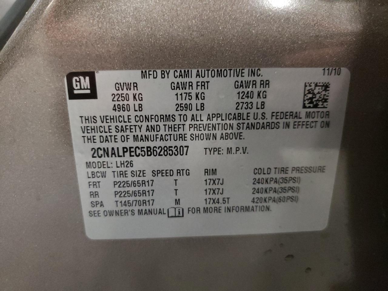 Photo 10 from auction – 2011 CHEVROLET EQUINOX LT with VIN 2CNALPEC5B6285307