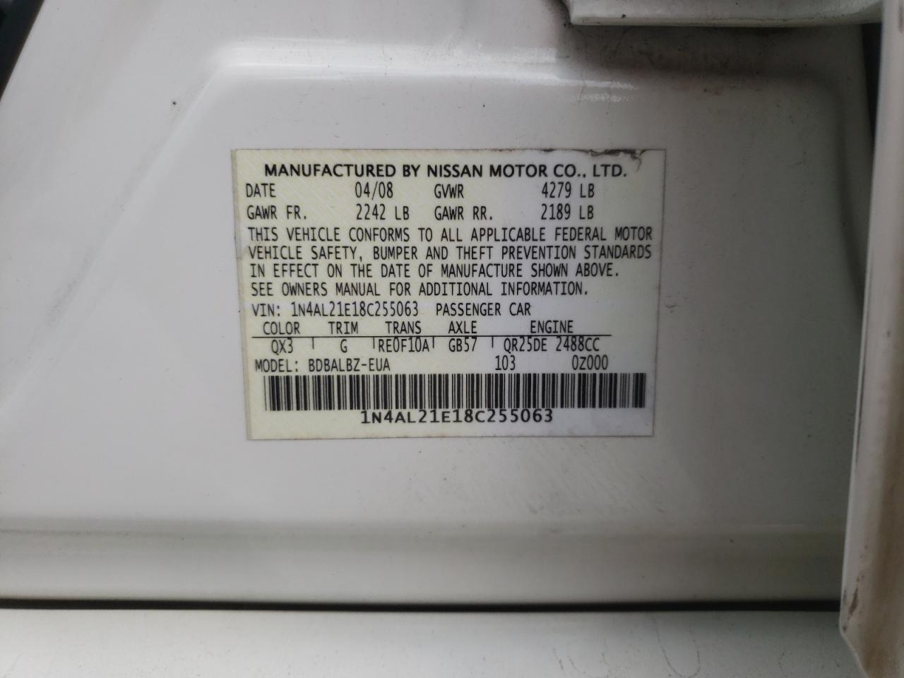 Photo 10 from auction – 2008 NISSAN ALTIMA 2.5 with VIN 1N4AL21E18C255063