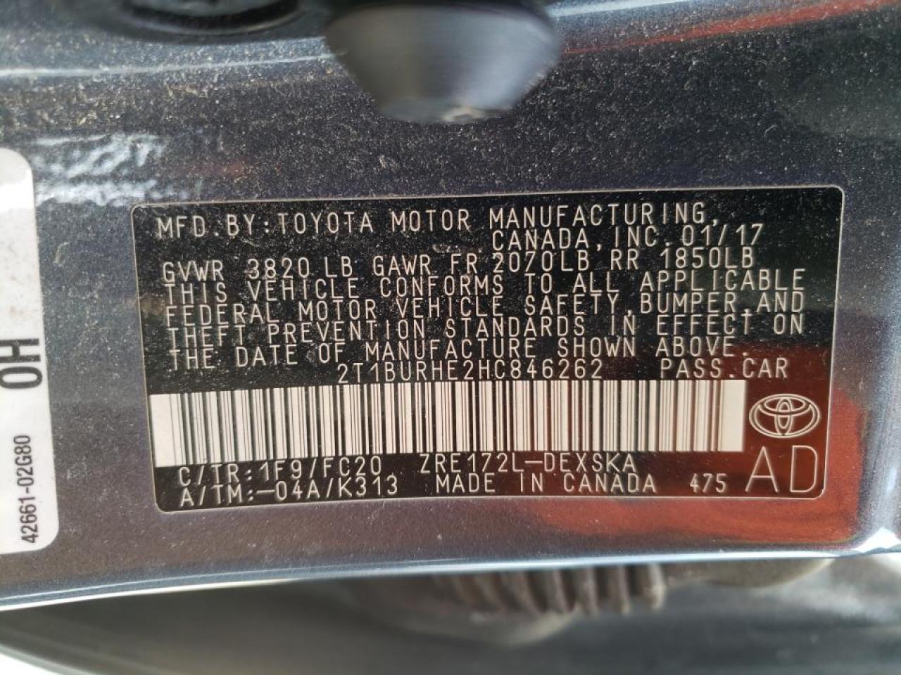 صورة رقم 10 من المزاد - 2017 TOYOTA COROLLA L مع VIN 2T1BURHE2HC846262