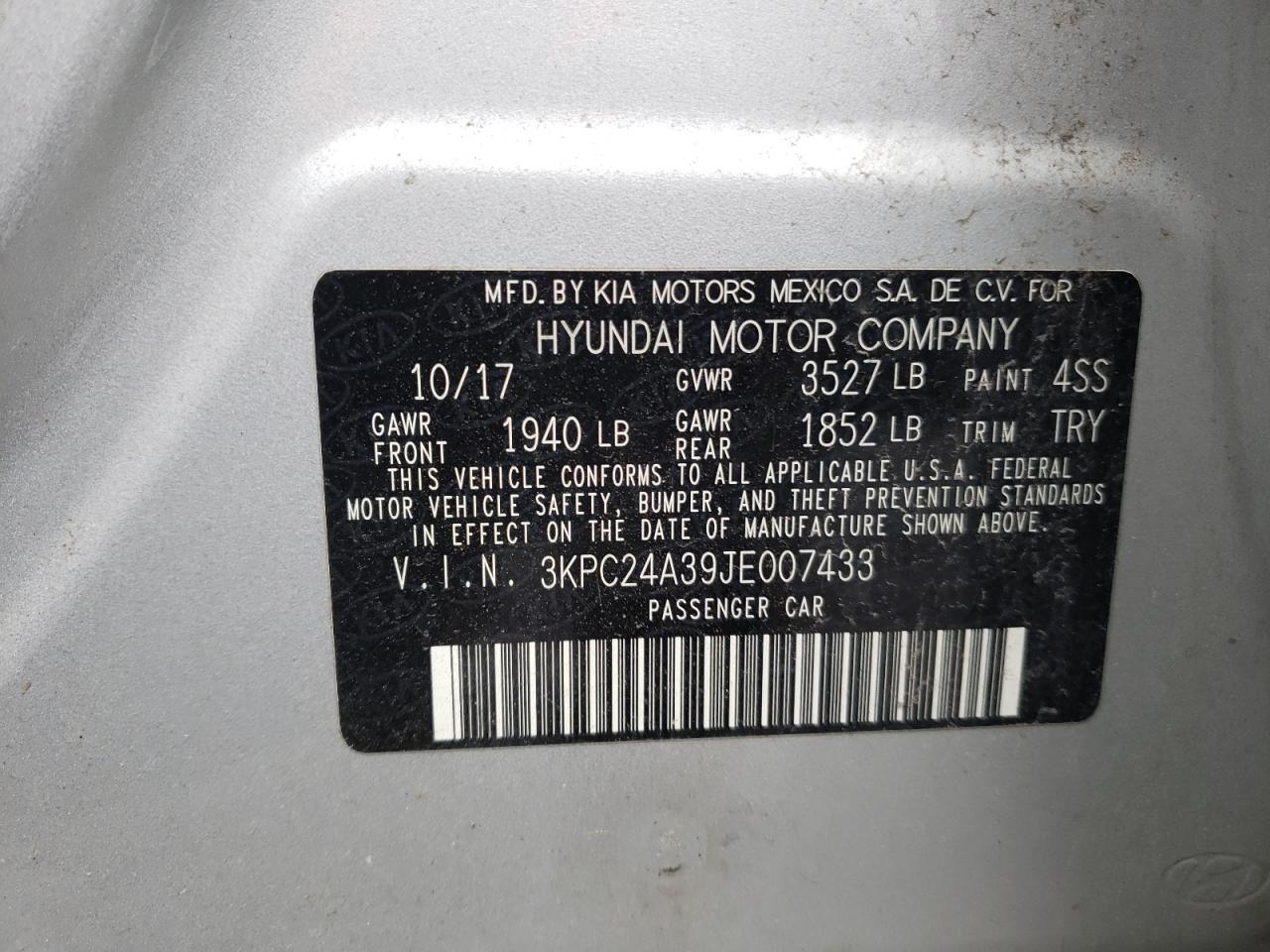 Photo 10 from auction – 2018 HYUNDAI ACCENT SE with VIN 3KPC24A39JE007433
