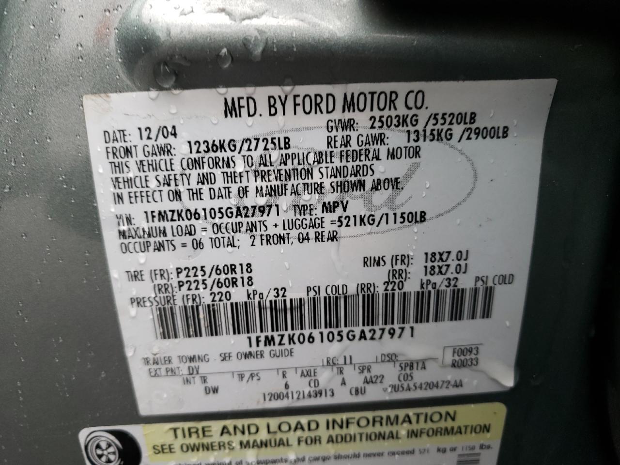 Photo 10 from auction – 2005 FORD FREESTYLE with VIN 1FMZK06105GA27971
