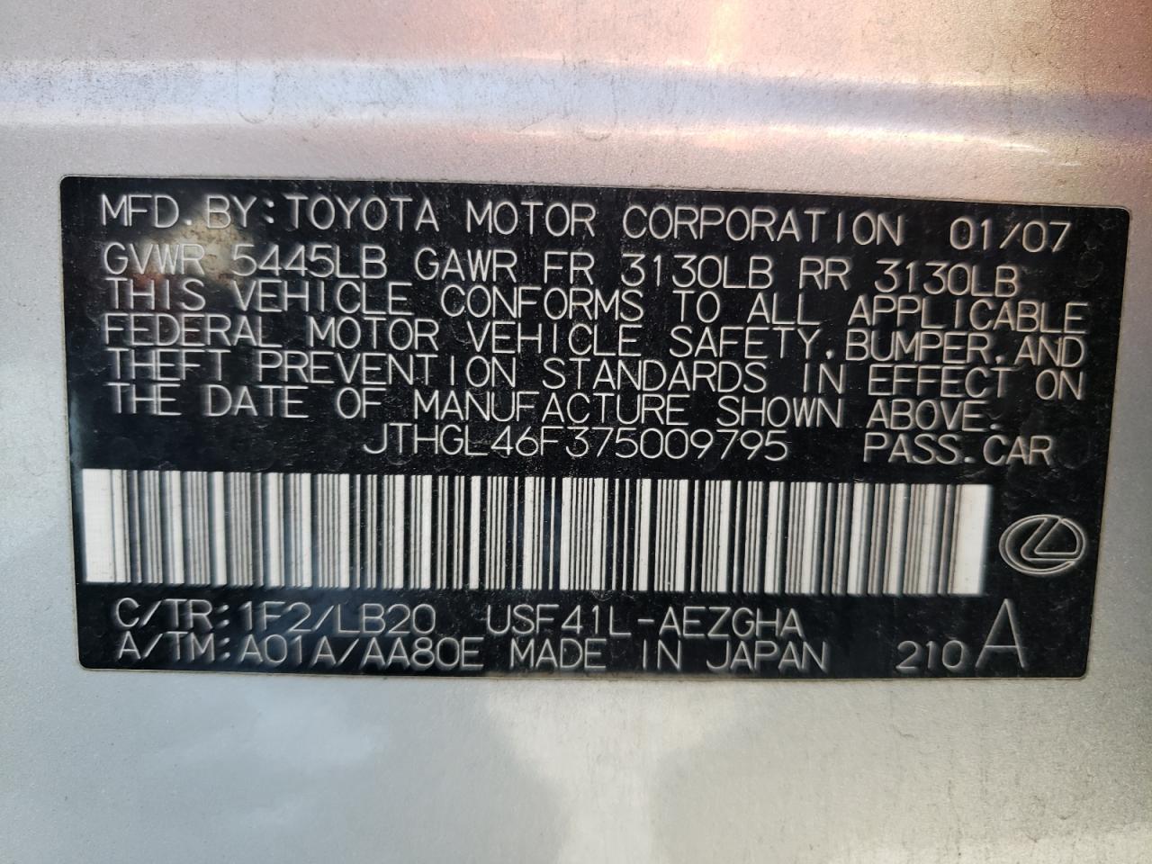 Photo 10 from auction – 2007 LEXUS LS 460L with VIN JTHGL46F375009795