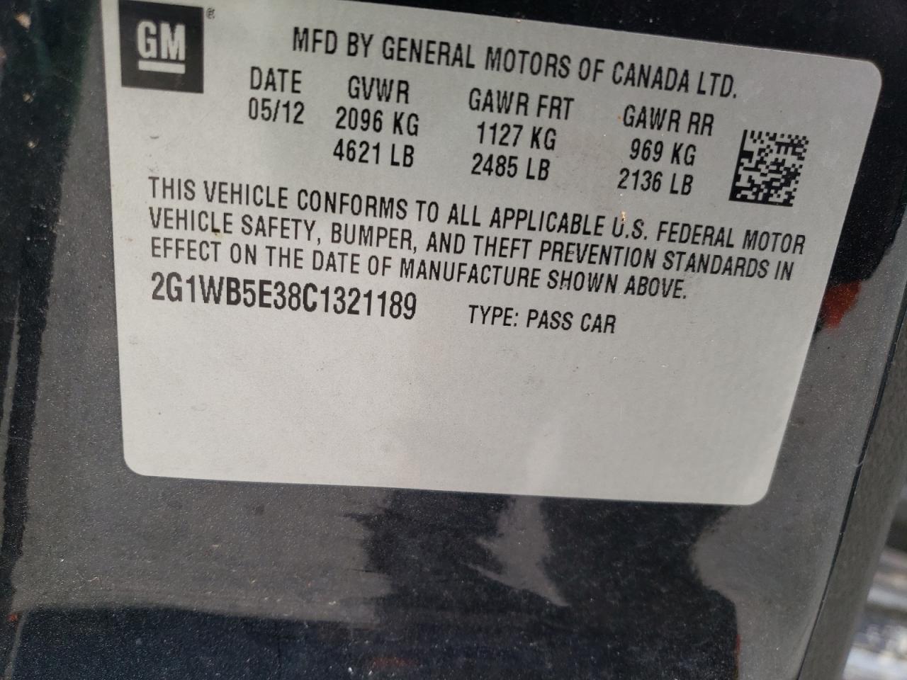 Photo 10 from auction – 2012 CHEVROLET IMPALA LT with VIN 2G1WB5E38C1321189