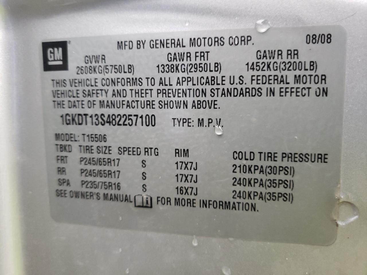 Photo 10 from auction – 2008 GMC ENVOY with VIN 1GKDT13S482257100
