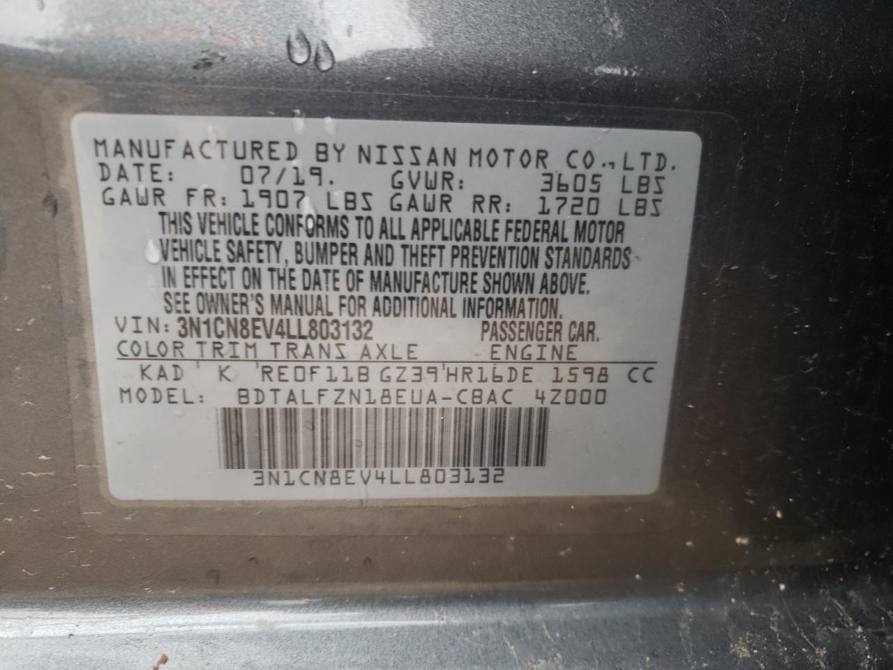 Photo 10 from auction – 2020 NISSAN VERSA SV with VIN 3N1CN8EV4LL803132