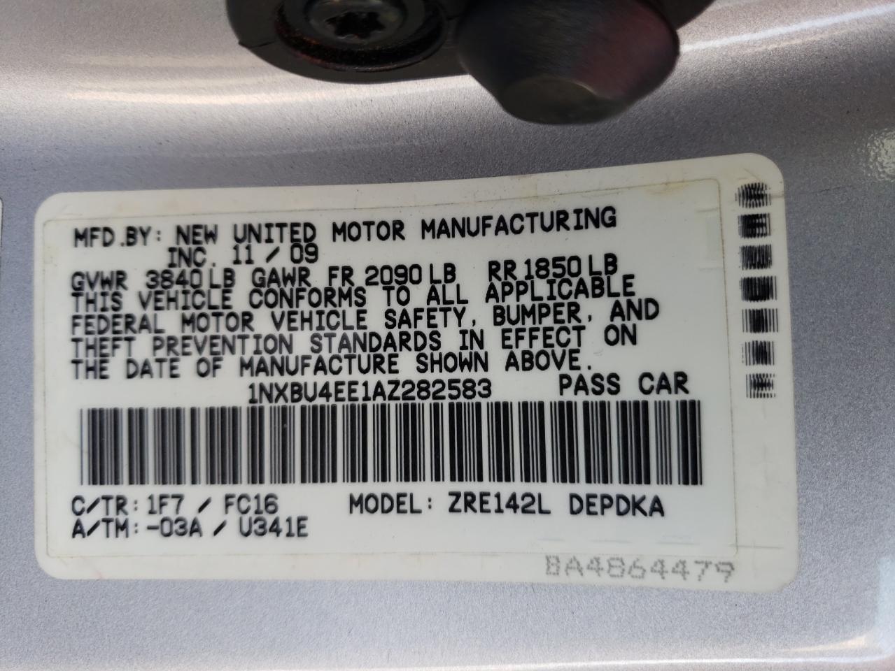 Photo 10 from auction – 2010 TOYOTA COROLLA BA with VIN 1NXBU4EE1AZ282583
