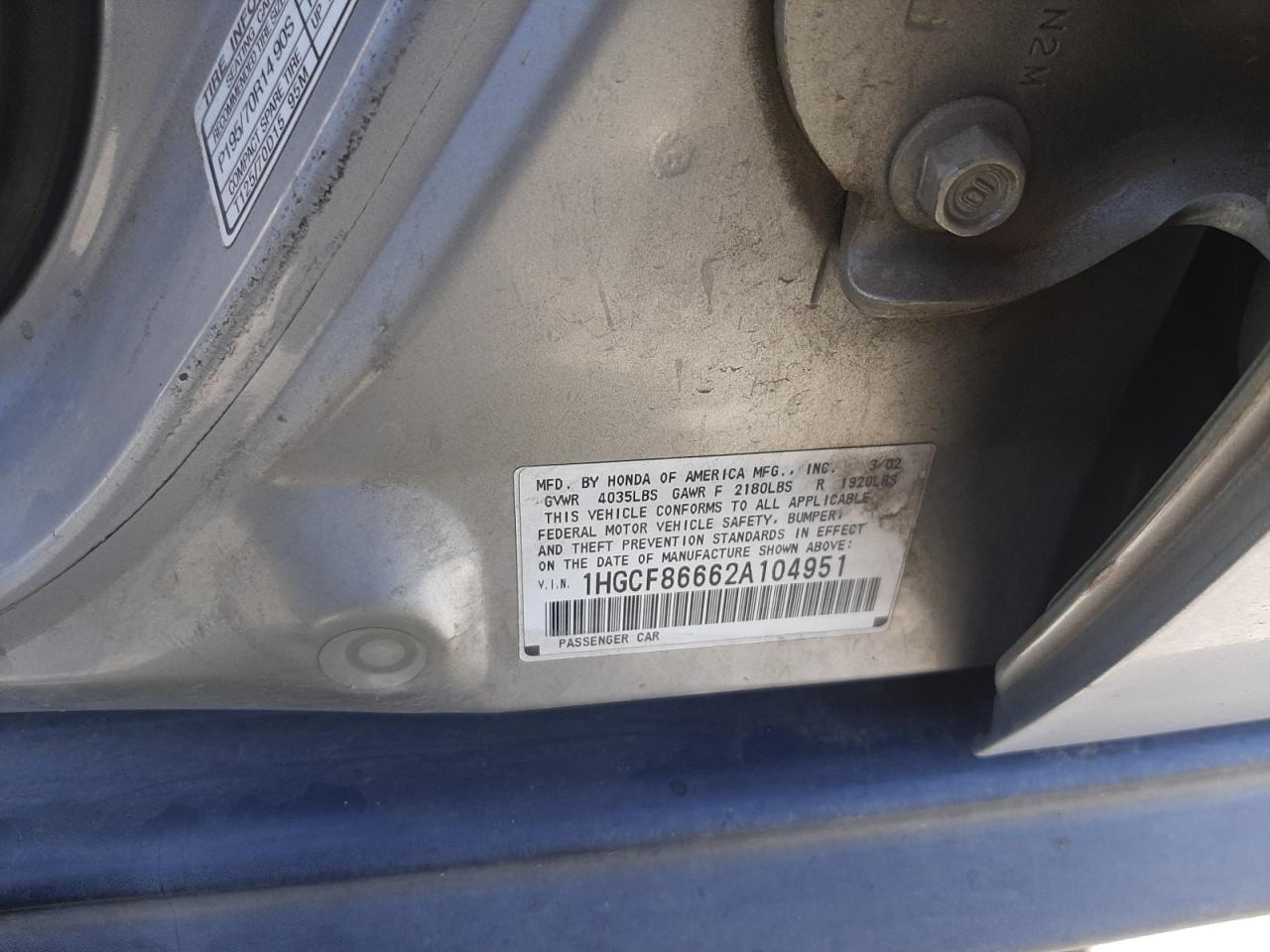 Photo 10 from auction – 2002 HONDA ACCORD VAL with VIN 1HGCF86662A104951