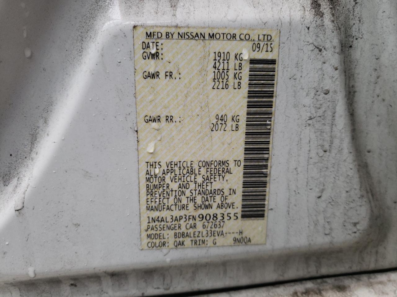 Photo 10 from auction – 2015 NISSAN ALTIMA 2.5 with VIN 1N4AL3AP3FN908355