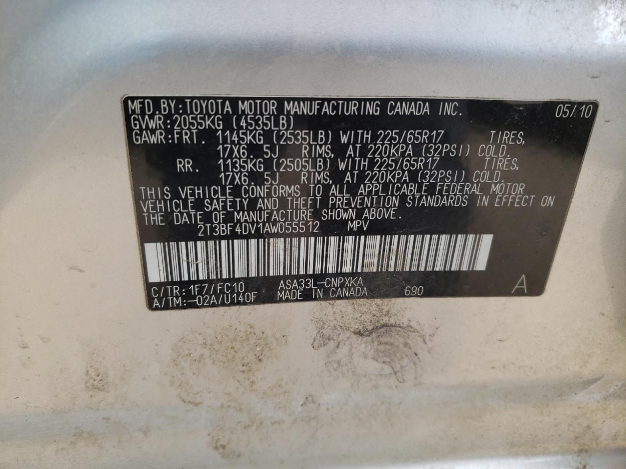 Photo 10 from auction – 2010 TOYOTA RAV4 with VIN 2T3BF4DV1AW055512